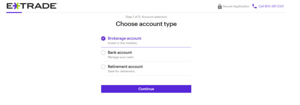 ETrade choose account type page.
